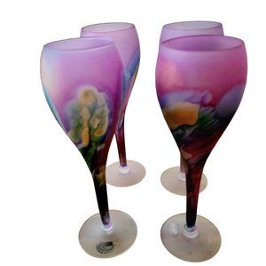 Vintage 1980s RUEVEN Wine Goblet Glasses - Hand-painted Set of 4